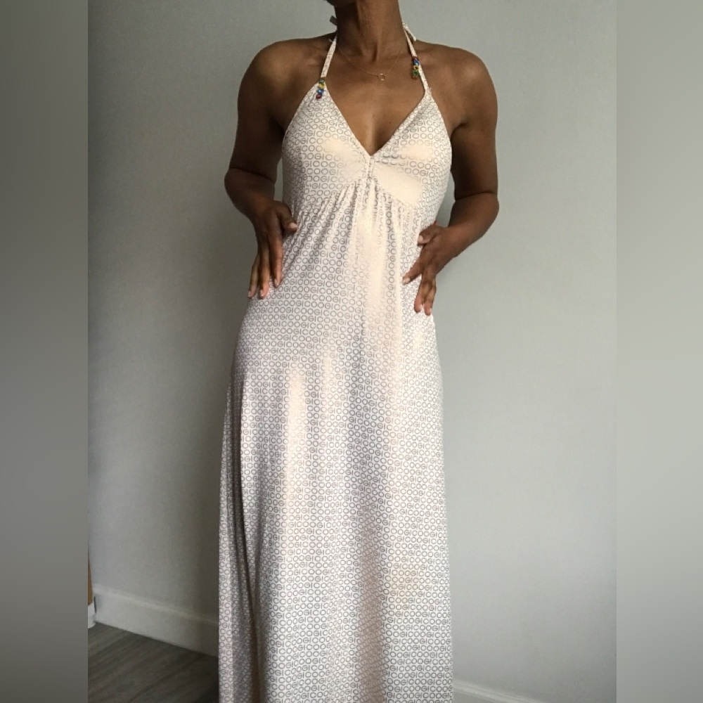 COOGI VTG IVORY GOLD LOGO ALLOVER MAXI HALTER WOMENS MEDIUM
